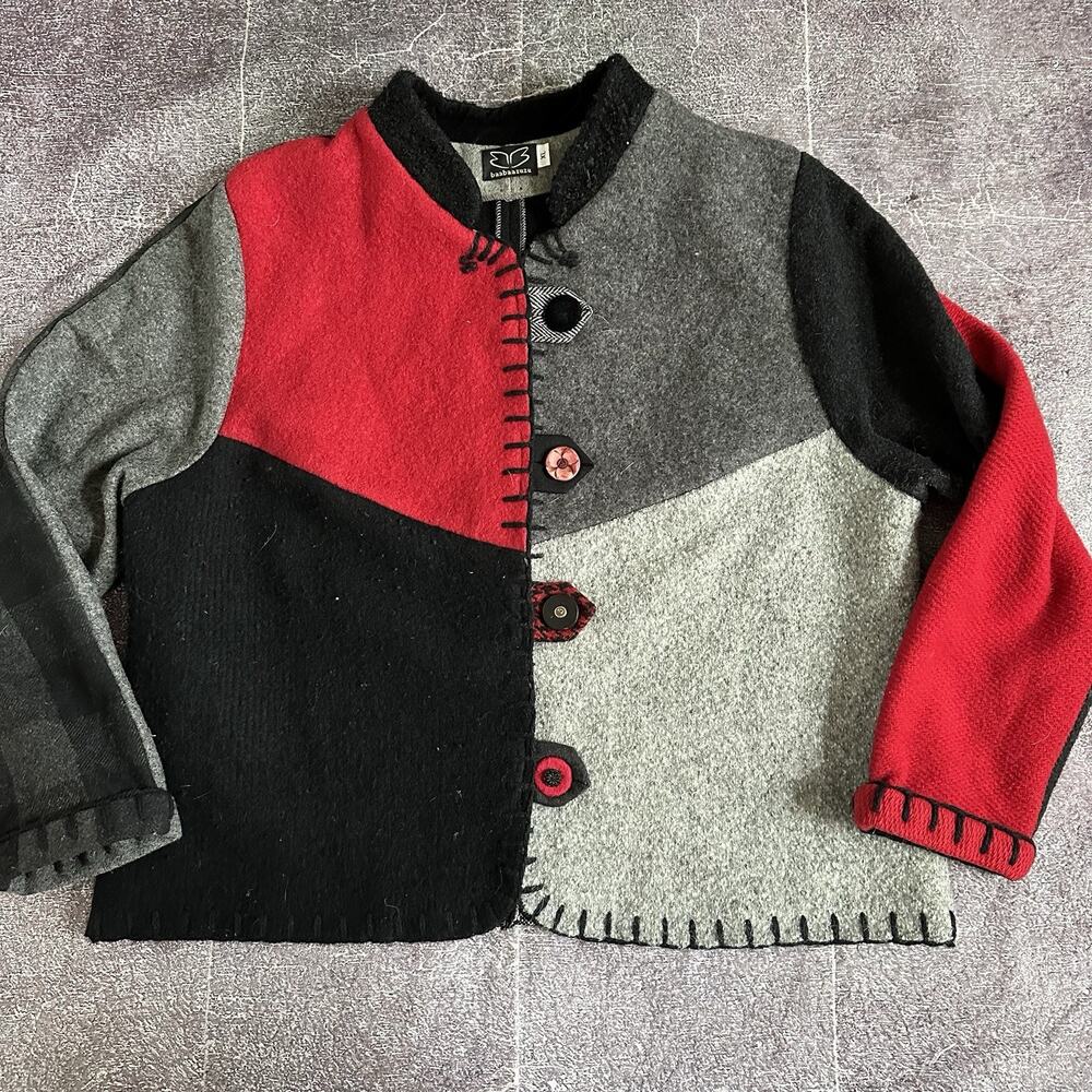 Women's Baabaazuzu Vintage Wool Color Block Red Button Up Sweater Jacket Sz XL